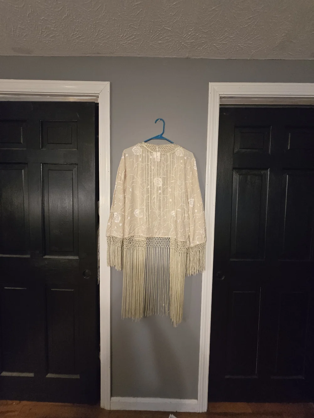 Beige Floral Embroidered Fringe Kimono Jacket